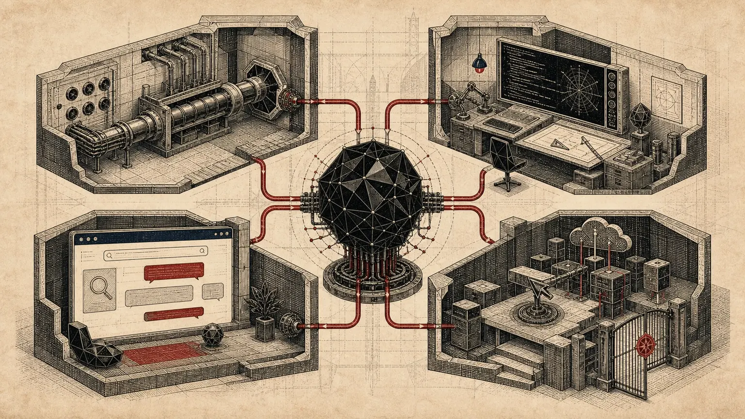 Editorial engraving of a central faceted AI model connected by crimson conduits to separate API machinery, a coding workbench, a consumer chat window, and a persistent cloud-computer agent room