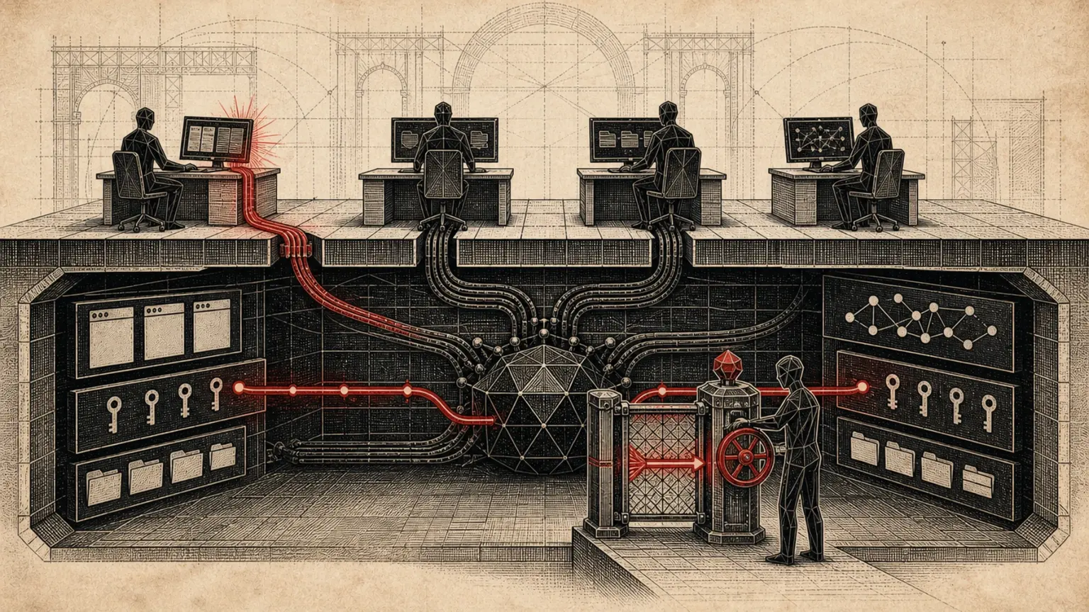 Etched cutaway showing four abstract operators at separate workstations linked by cables to one shared underground computer vault as a crimson fault line meets a human-controlled approval gate