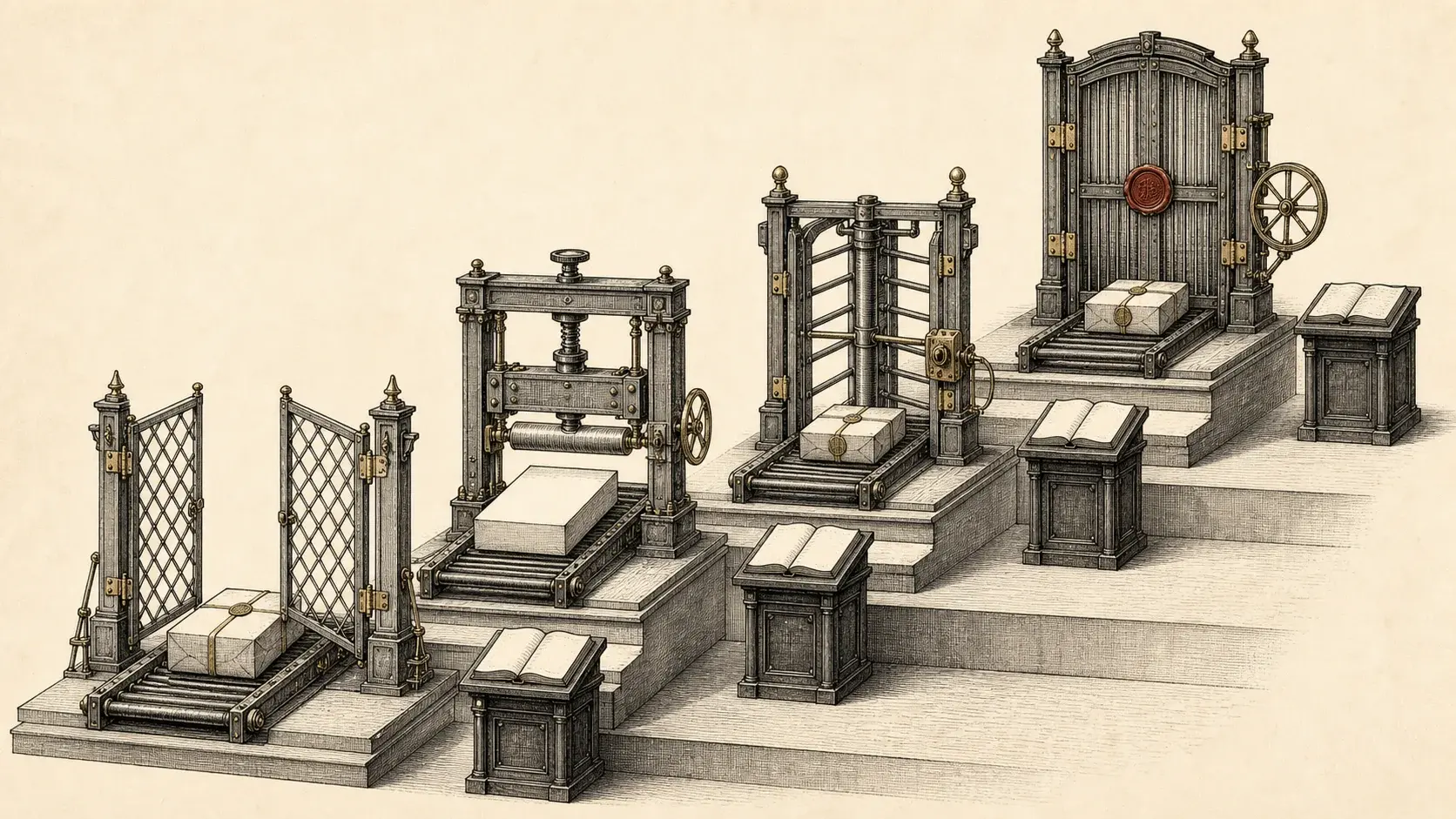 Four mechanical platforms raise a work parcel through progressively stricter gates, ending at a closed gate with a crimson manual approval seal