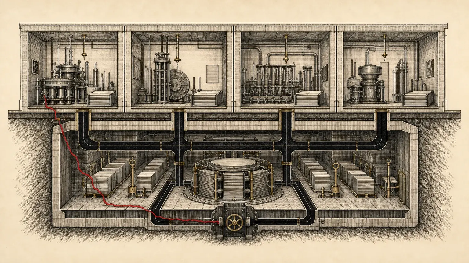 Four empty tool rooms connect to one underground vault of shared files and keys, while a crimson fault line is stopped at a containment barrier