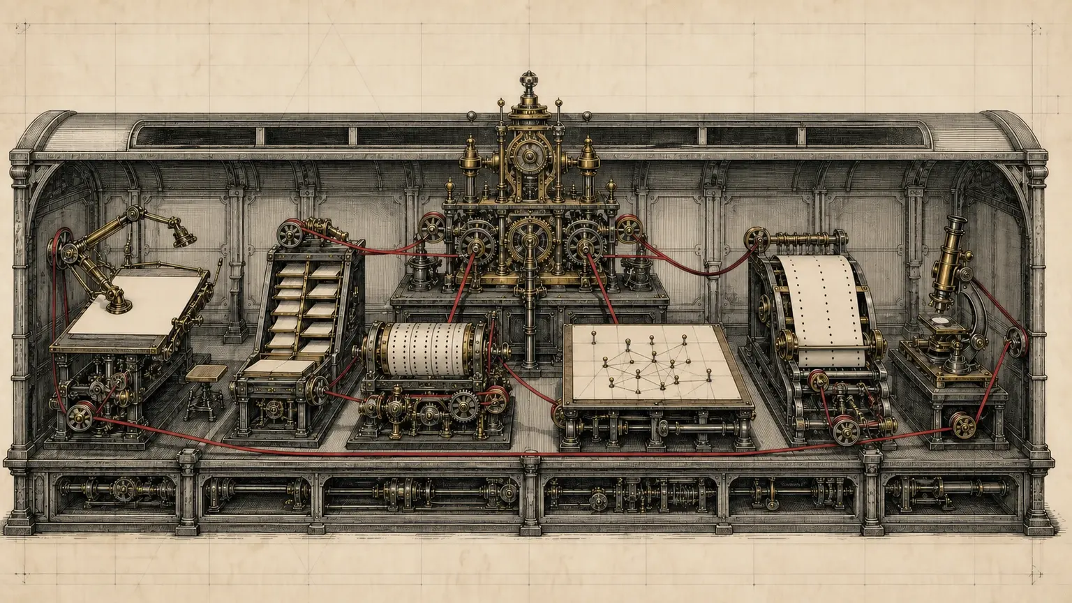 An engraved mechanical workbench links a central engine to drafting, sorting, punched-card, mapping, and verification stations with thin crimson belts.