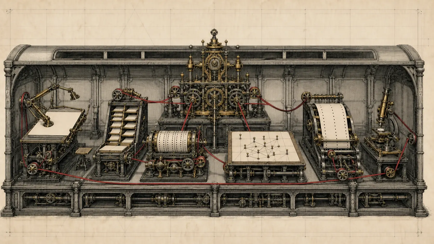 An engraved mechanical workbench links a central engine to drafting, sorting, punched-card, mapping, and verification stations with thin crimson belts.