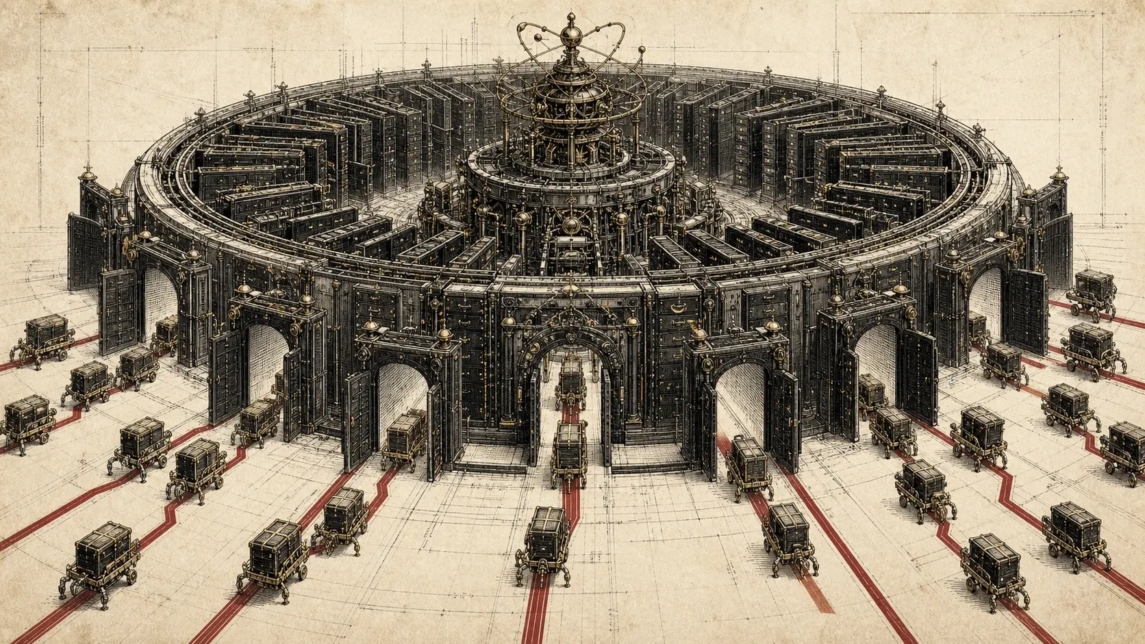 A circular mechanical archive with open gates sends small unmarked cassettes along crimson routes across cream paper.