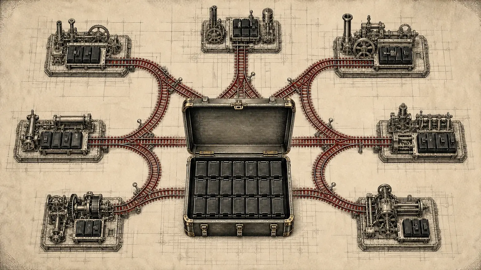 An open case of identical unmarked modules sits at the center of a top-down rail network connecting six different mechanical workshops.