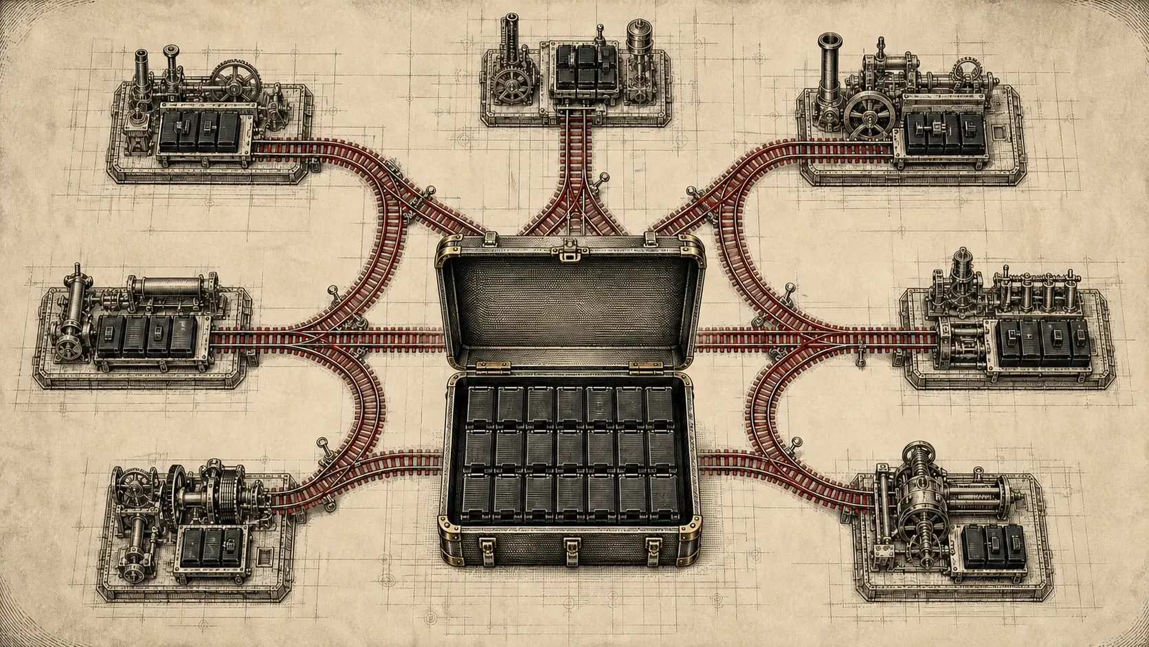 An open case of identical unmarked modules sits at the center of a top-down rail network connecting six different mechanical workshops.