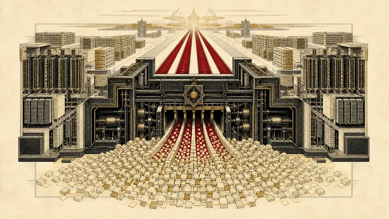 Cutaway of an anonymous AI inference hall where a central mechanical gate turns a broad scatter of token tiles into four orderly crimson output lanes.