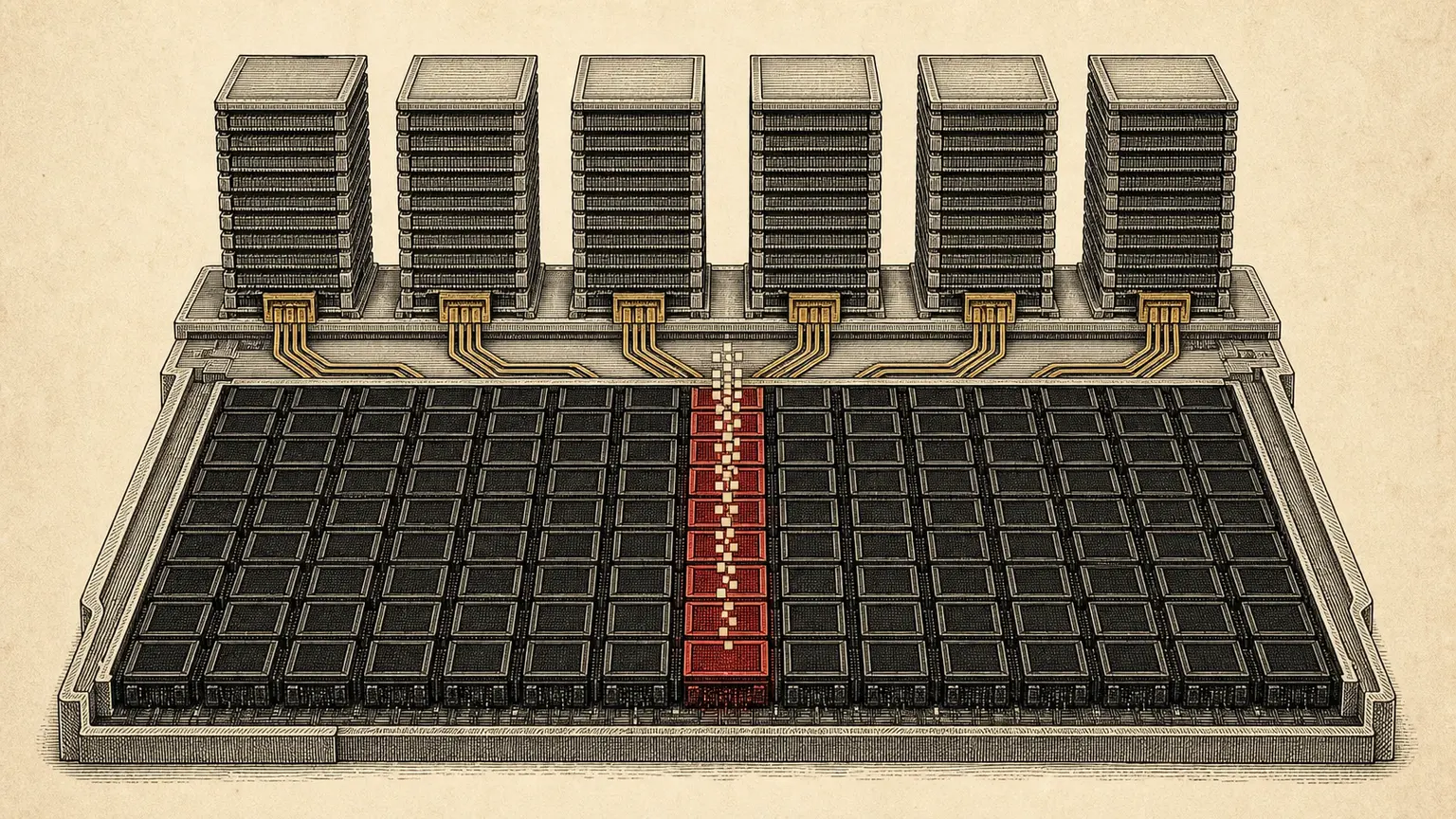 A fictional accelerator board shows narrow data routes from stacked memory to a large compute grid, leaving most compute cells dark while one narrow column works.
