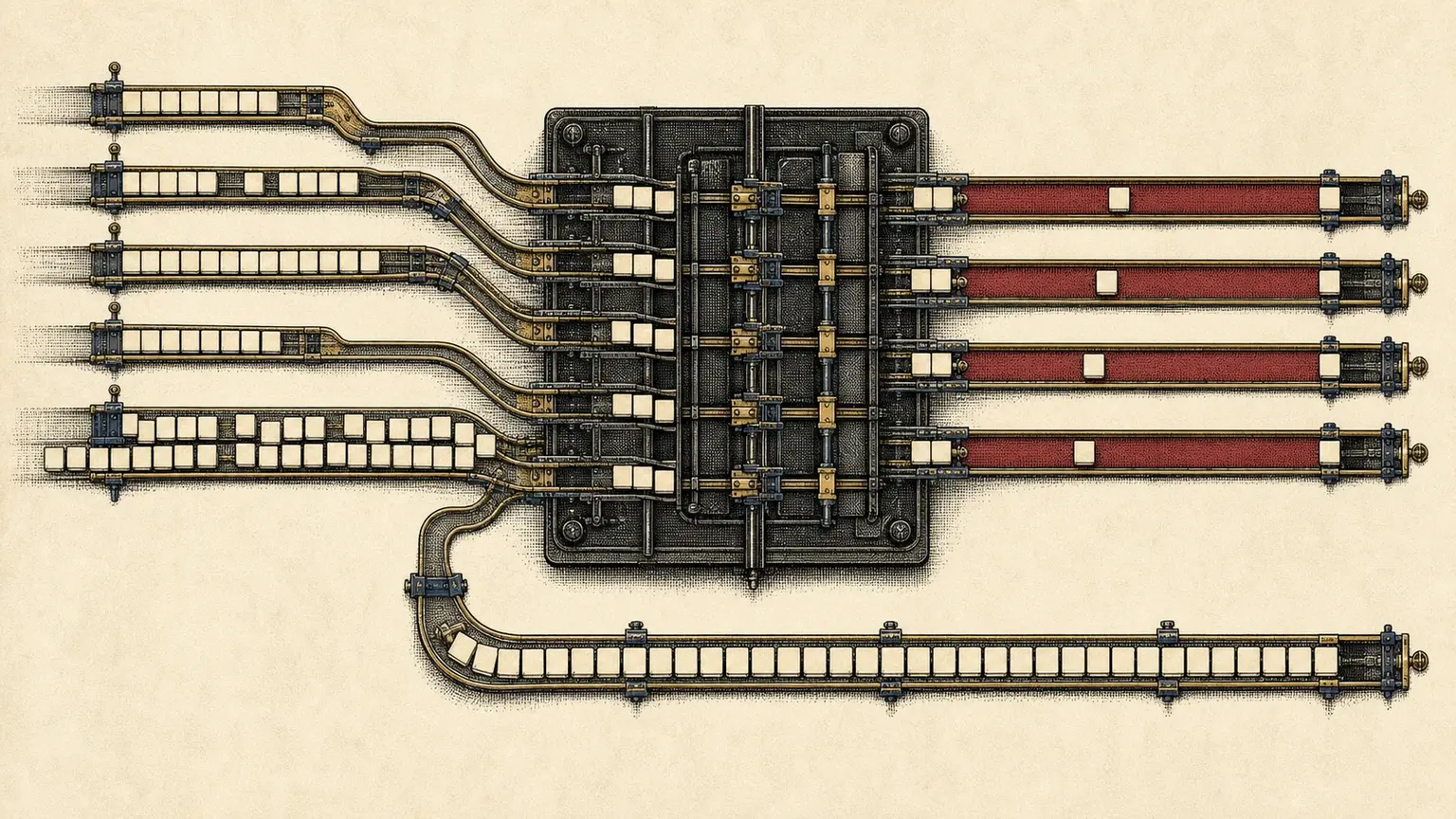 A top-down token switchyard routes queues of different lengths through a central scheduler into parallel crimson decode lanes, with one long queue diverted to a side lane.