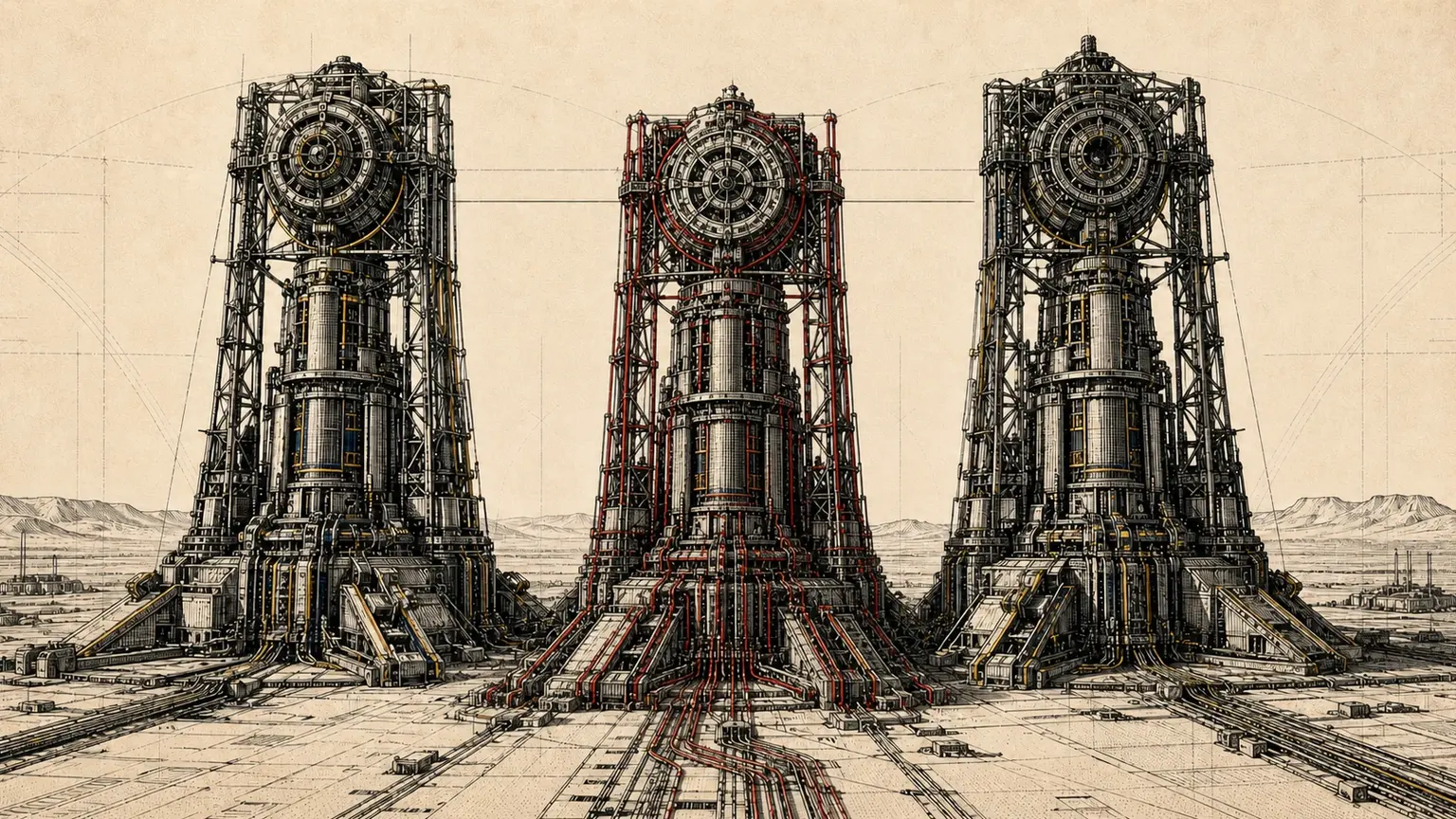 Three monumental analytical machines stand on a technical frontier, with a crimson-routed challenger just below two taller leaders.