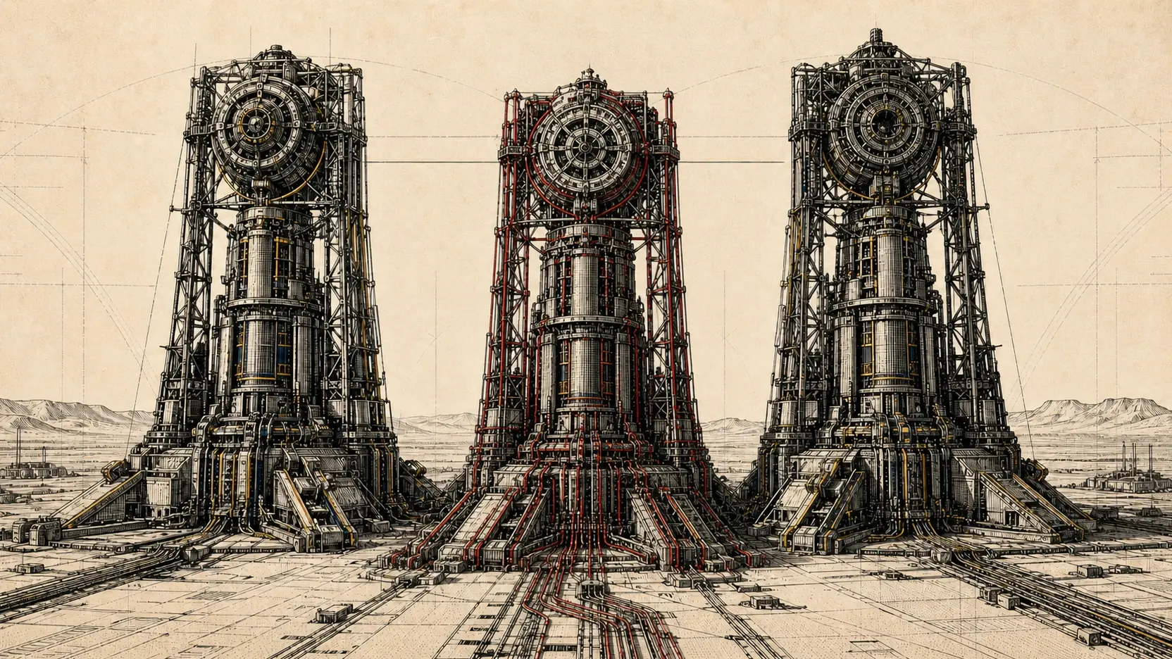 Three monumental analytical machines stand on a technical frontier, with a crimson-routed challenger just below two taller leaders.