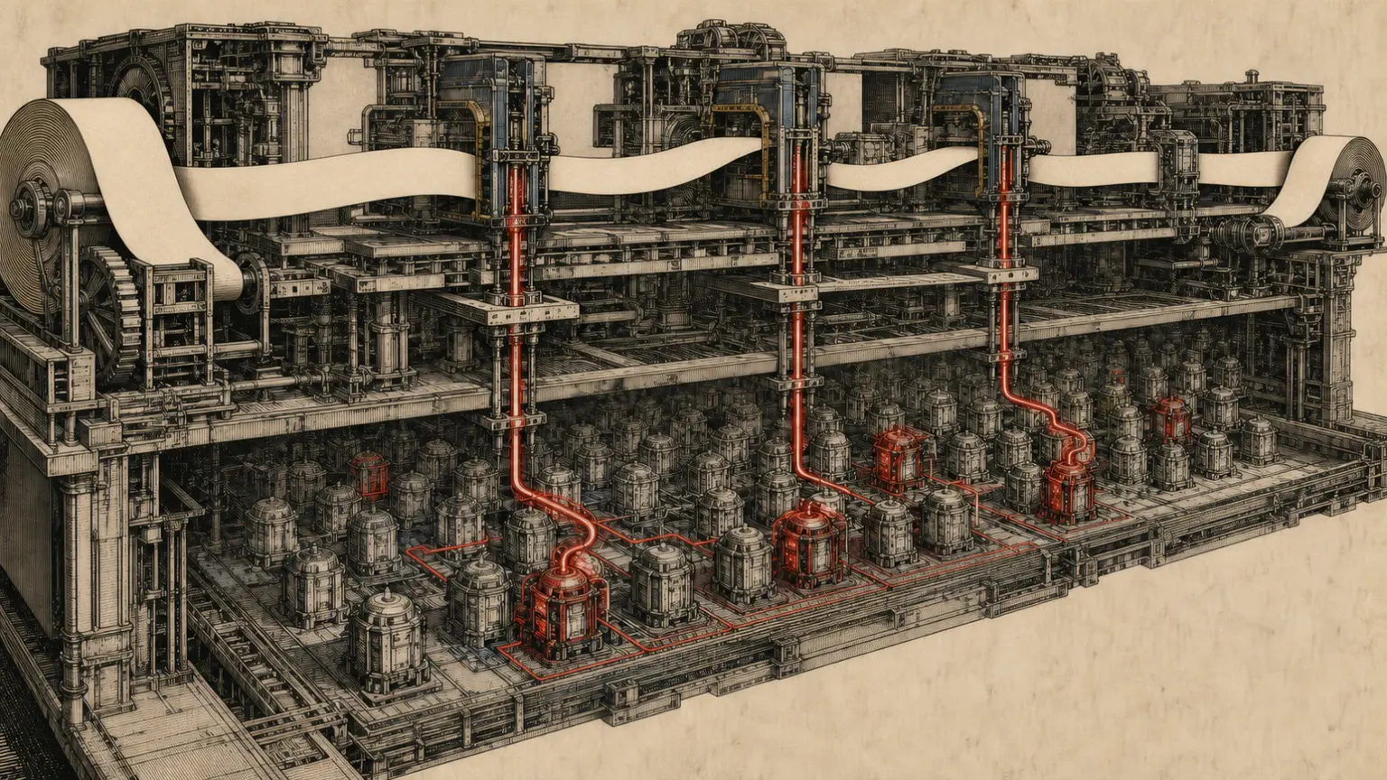 Engraved cutaway of an industrial intelligence stack, with a blank context ribbon crossing layered machinery, vertical retrieval conduits spanning depth, and crimson routes activating a sparse subset of many expert chambers.