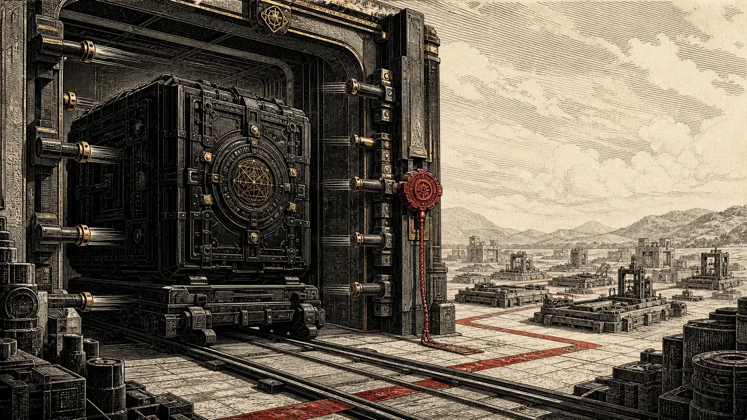 A monumental black model core waits on rails inside a partly opened industrial gate, with a crimson seal still engaged and empty deployment workshops beyond.