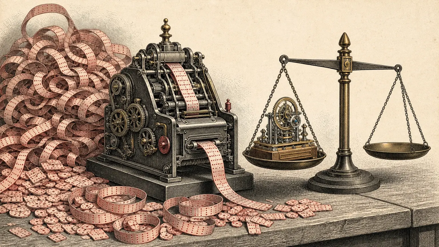 An engraved compact machine produces a polished mechanism while an enormous crimson-tinted trail of punched paper accumulates behind it beside a balance scale.