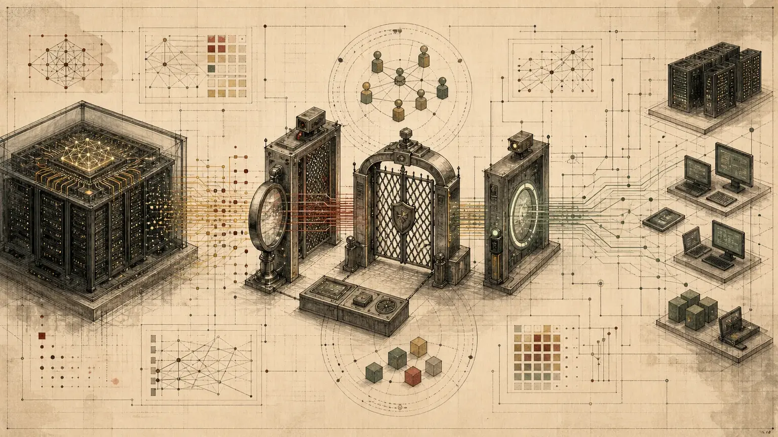 Text-free editorial illustration of a frontier AI model passing through a government safety review gate before reaching developers