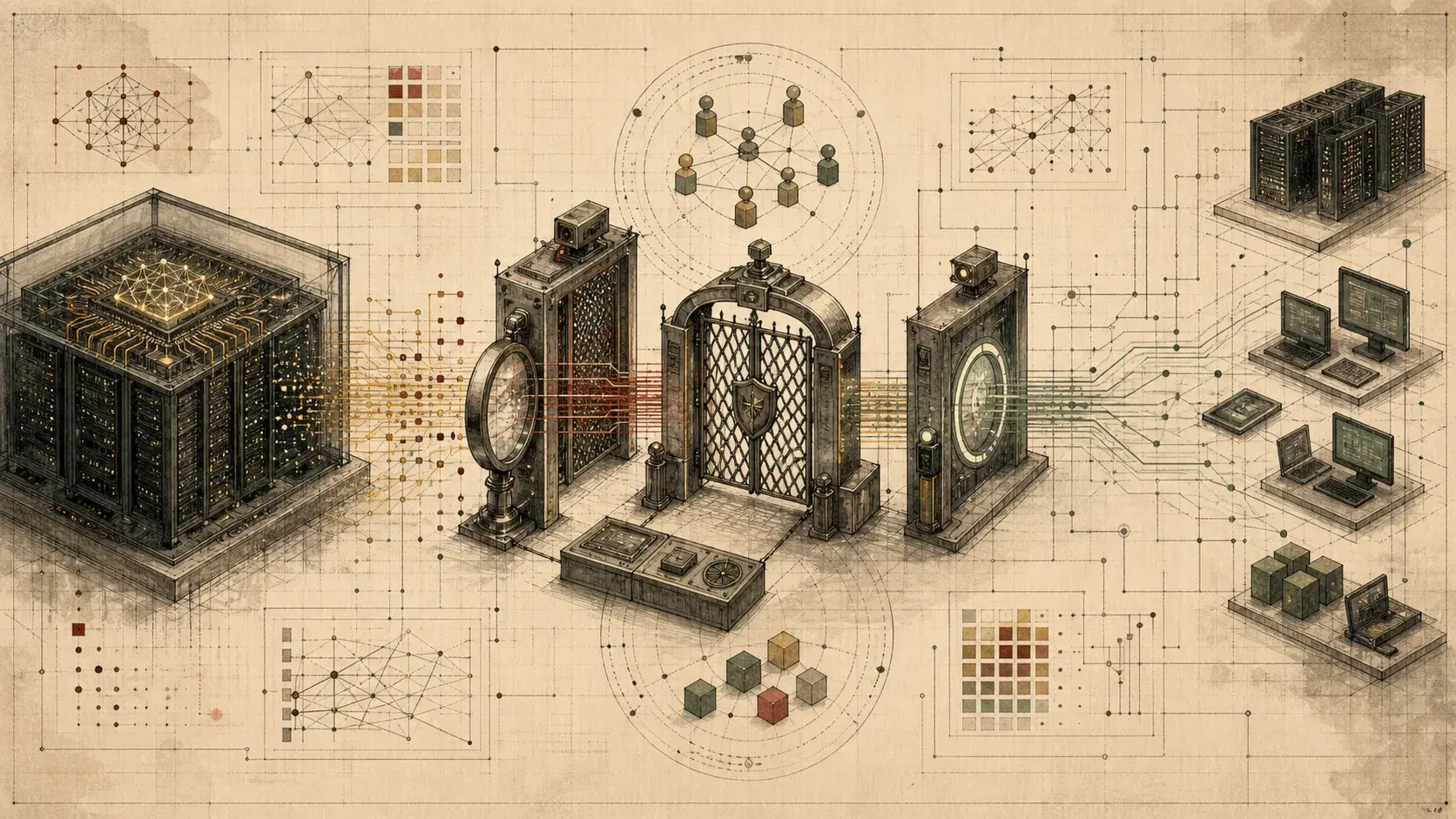 Text-free editorial illustration of a frontier AI model passing through a government safety review gate before reaching developers