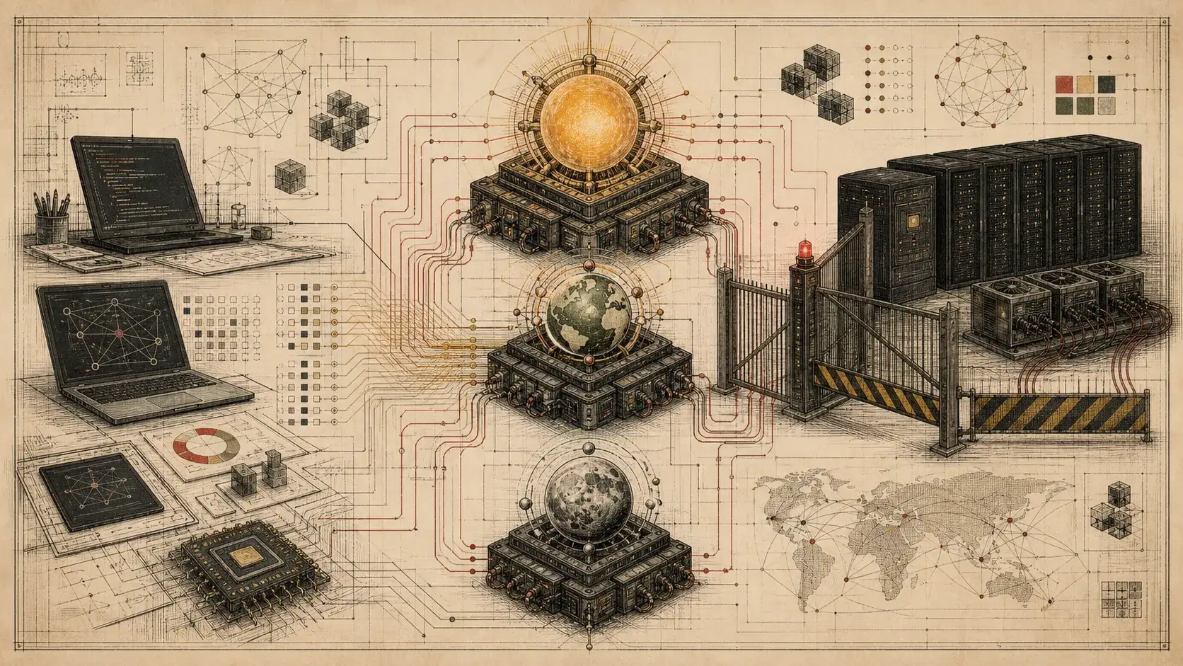 Text-free editorial newspaper illustration of OpenAI GPT-5.6 Sol, Terra, and Luna as three frontier model tiers passing through a guarded access gate.