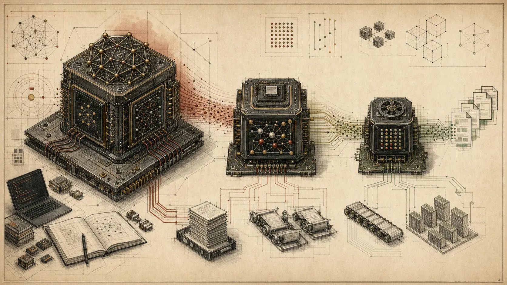Text-free editorial illustration of three AI model cores from large frontier tier to smaller production and volume tiers