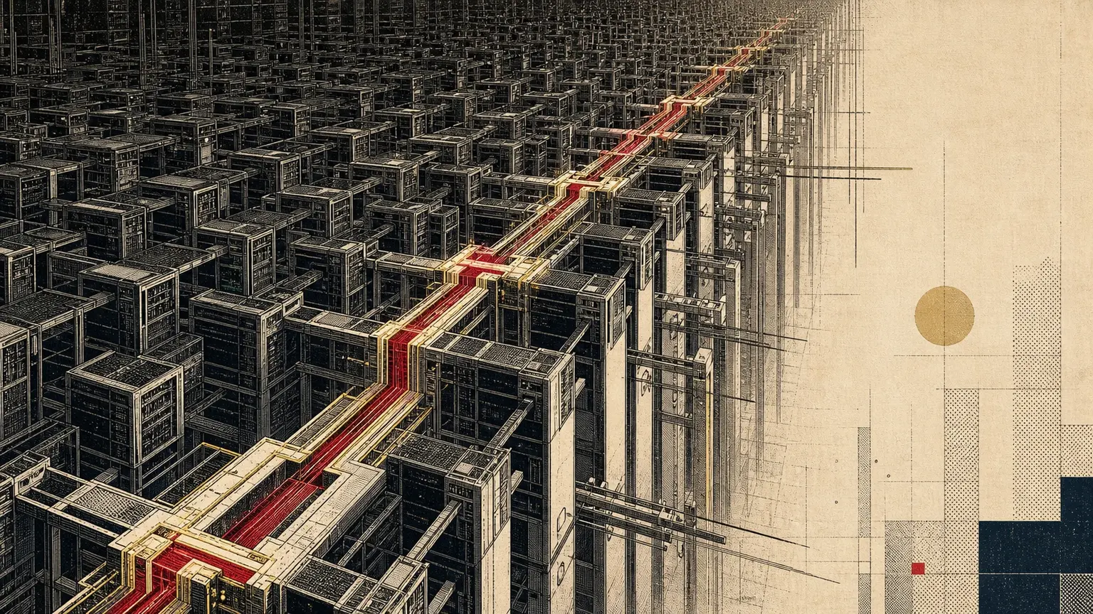 A vast engraved lattice of dark compute modules crossed by one narrow crimson and gold route, with most of the structure remaining inactive.