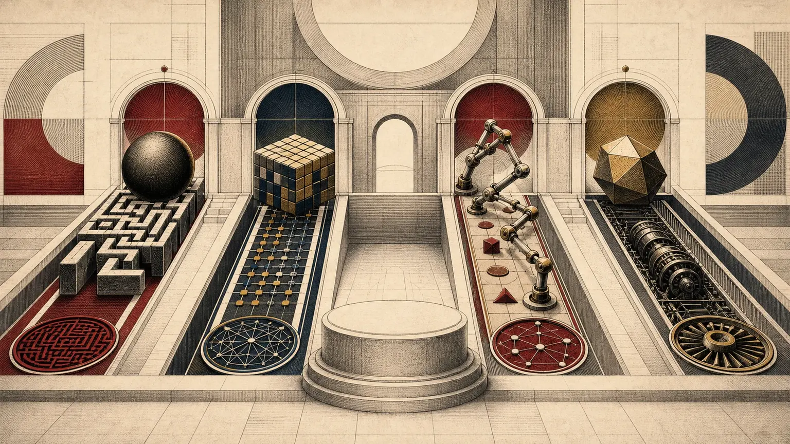 Four separate engraved testing lanes hold a maze, a computational cube, articulated tools, and an efficiency engine around an intentionally empty central pedestal.