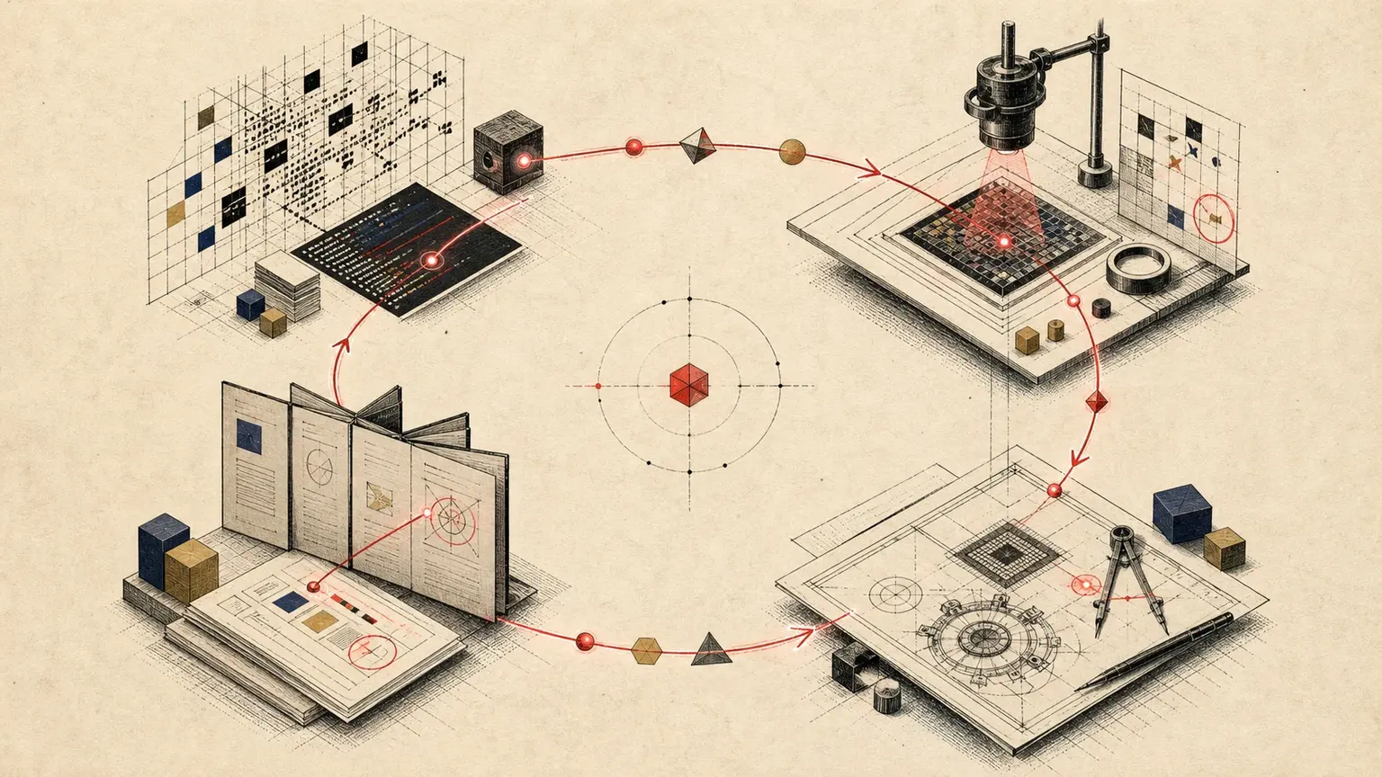 A crimson feedback path cycles through four engraved workstations for code, optical inspection, physical design, and document review.