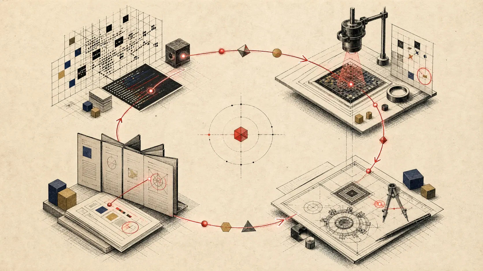 A crimson feedback path cycles through four engraved workstations for code, optical inspection, physical design, and document review.