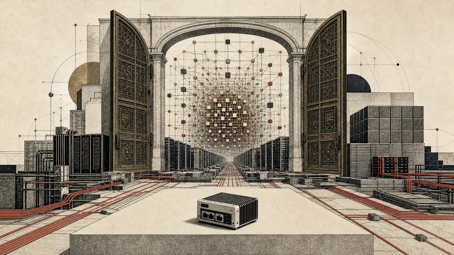 A monumental open archive gate reveals a vast model lattice and dense datacenter infrastructure, while a compact deployment unit sits in the foreground.