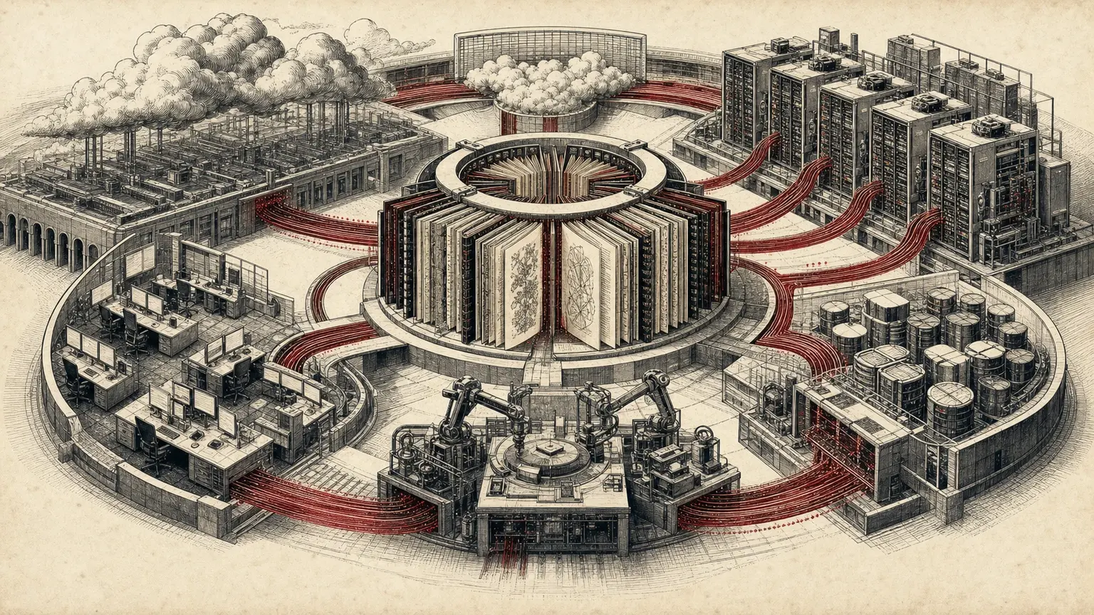 An engraved open model archive feeds a circular system of inference racks, cache storage, tools, enterprise workflows, and datacenter infrastructure.