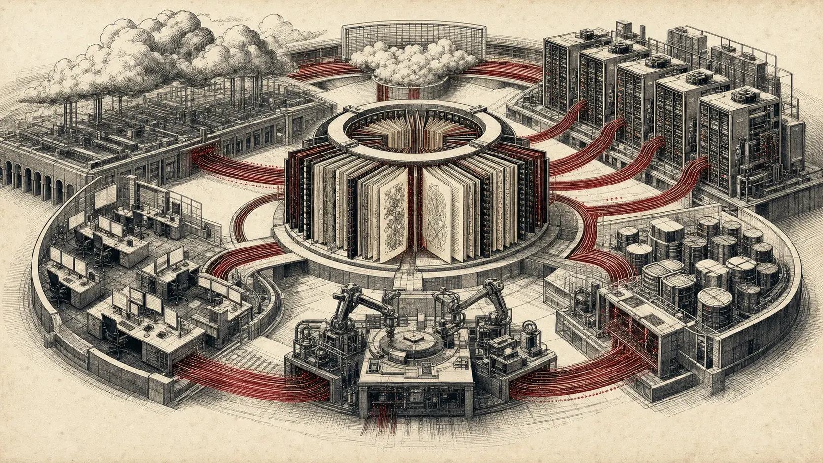 An engraved open model archive feeds a circular system of inference racks, cache storage, tools, enterprise workflows, and datacenter infrastructure.
