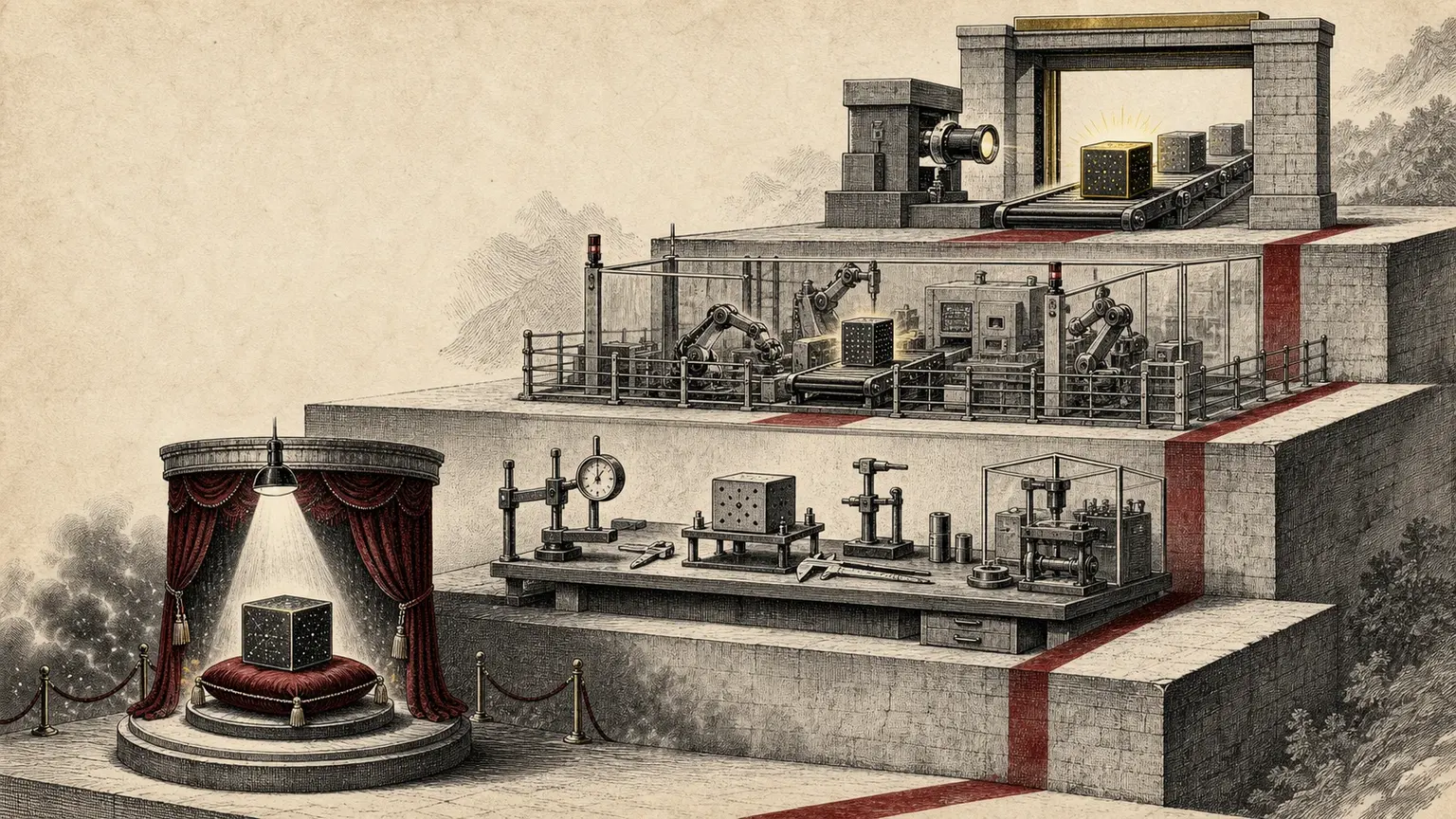 An engraved four-level testing structure progresses from a polished showcase through an independent workbench and controlled pilot to a verified production artifact.