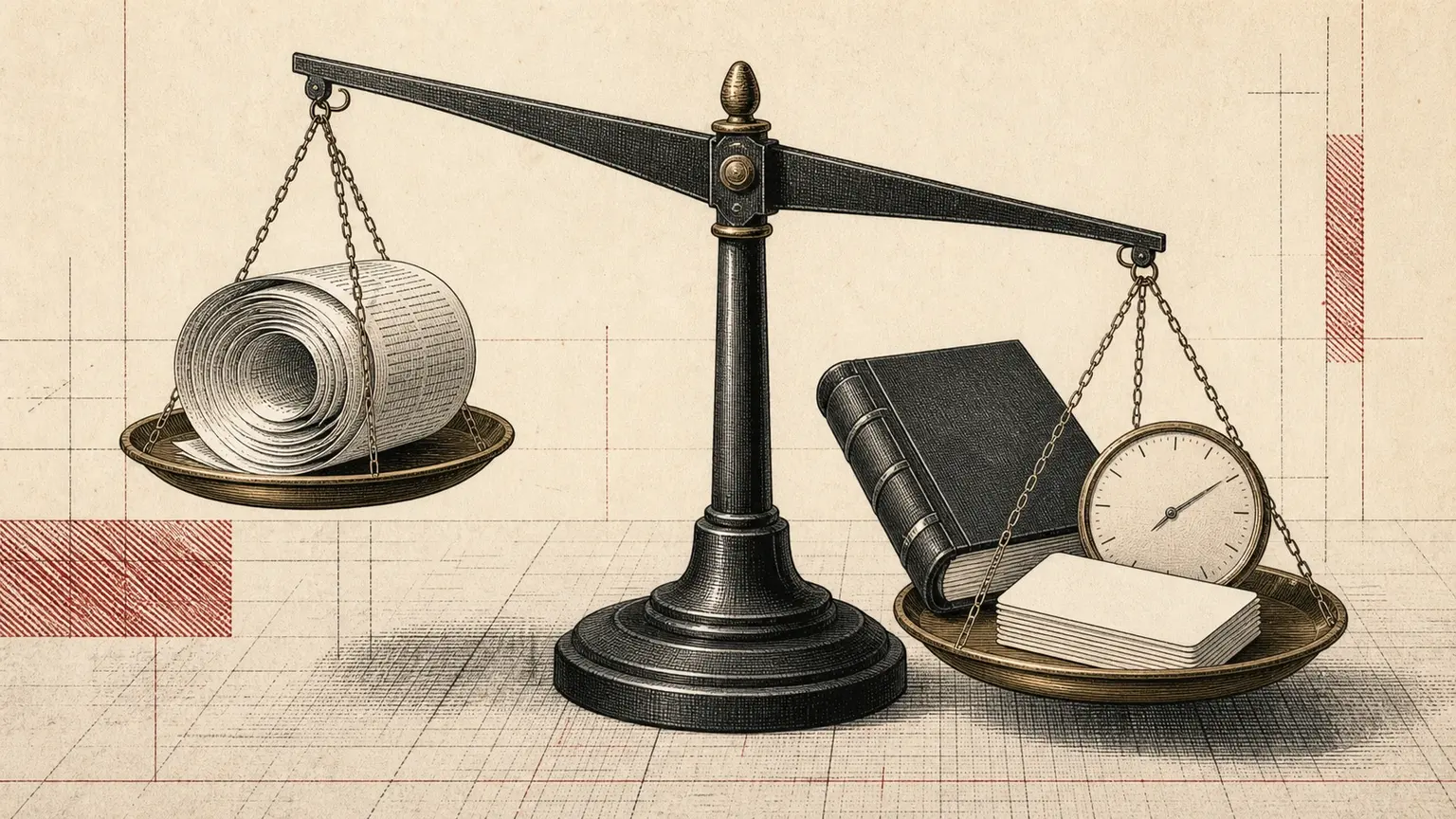 Editorial engraving of a balance scale weighing a coiled reasoning trace against a ledger, clock, and stack of task cards