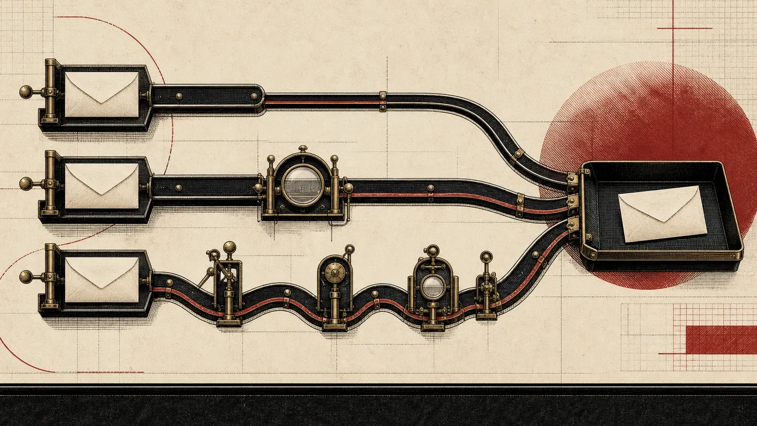 Editorial engraving of three task envelopes traveling through short, measured, and long mechanical reasoning routes into one output tray