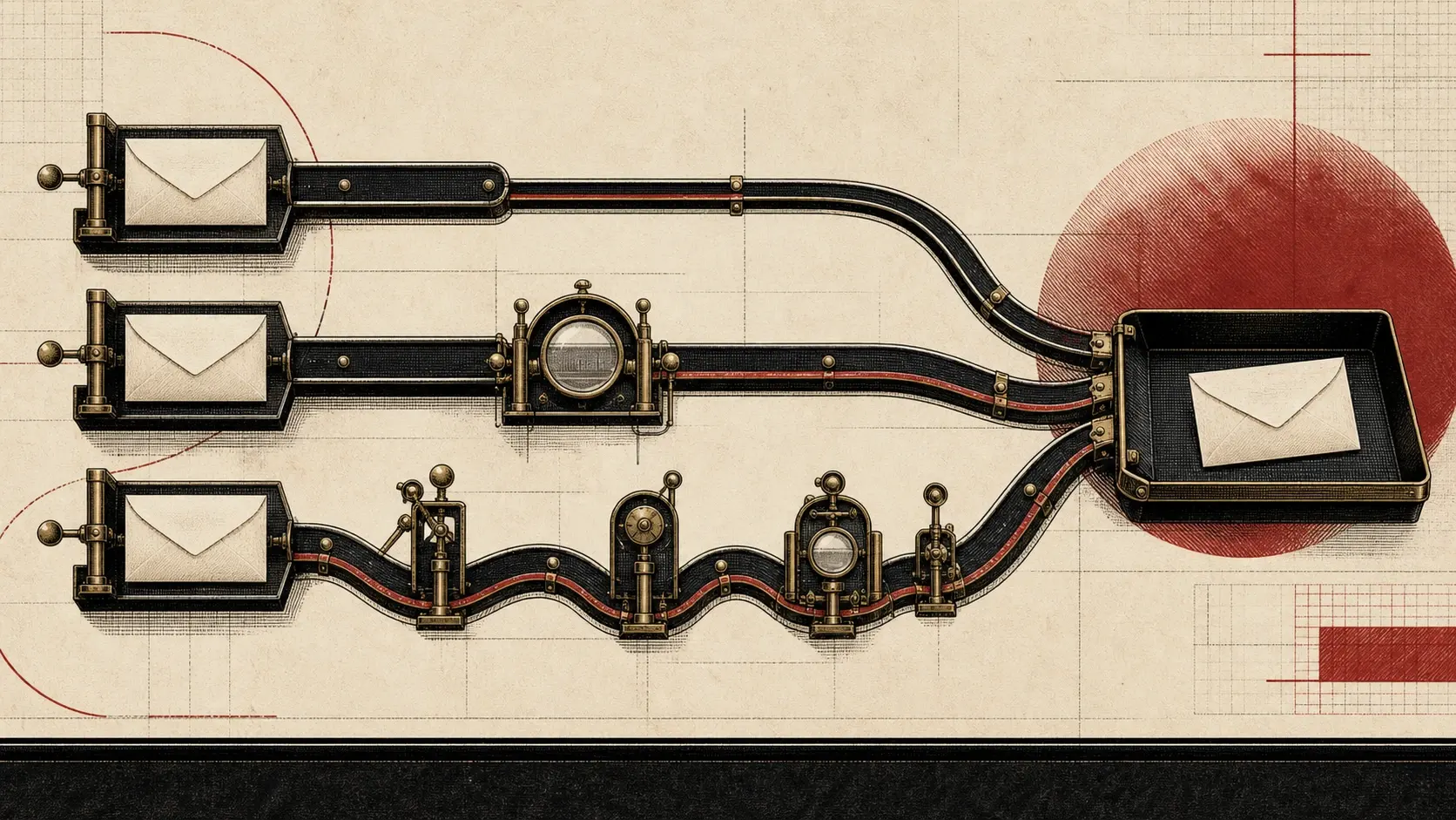 Editorial engraving of three task envelopes traveling through short, measured, and long mechanical reasoning routes into one output tray