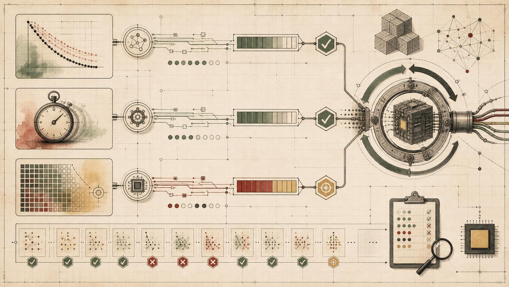 Editorial technical illustration of benchmark lanes for validation loss, training speed, and GPU kernel performance feeding into one automated research loop