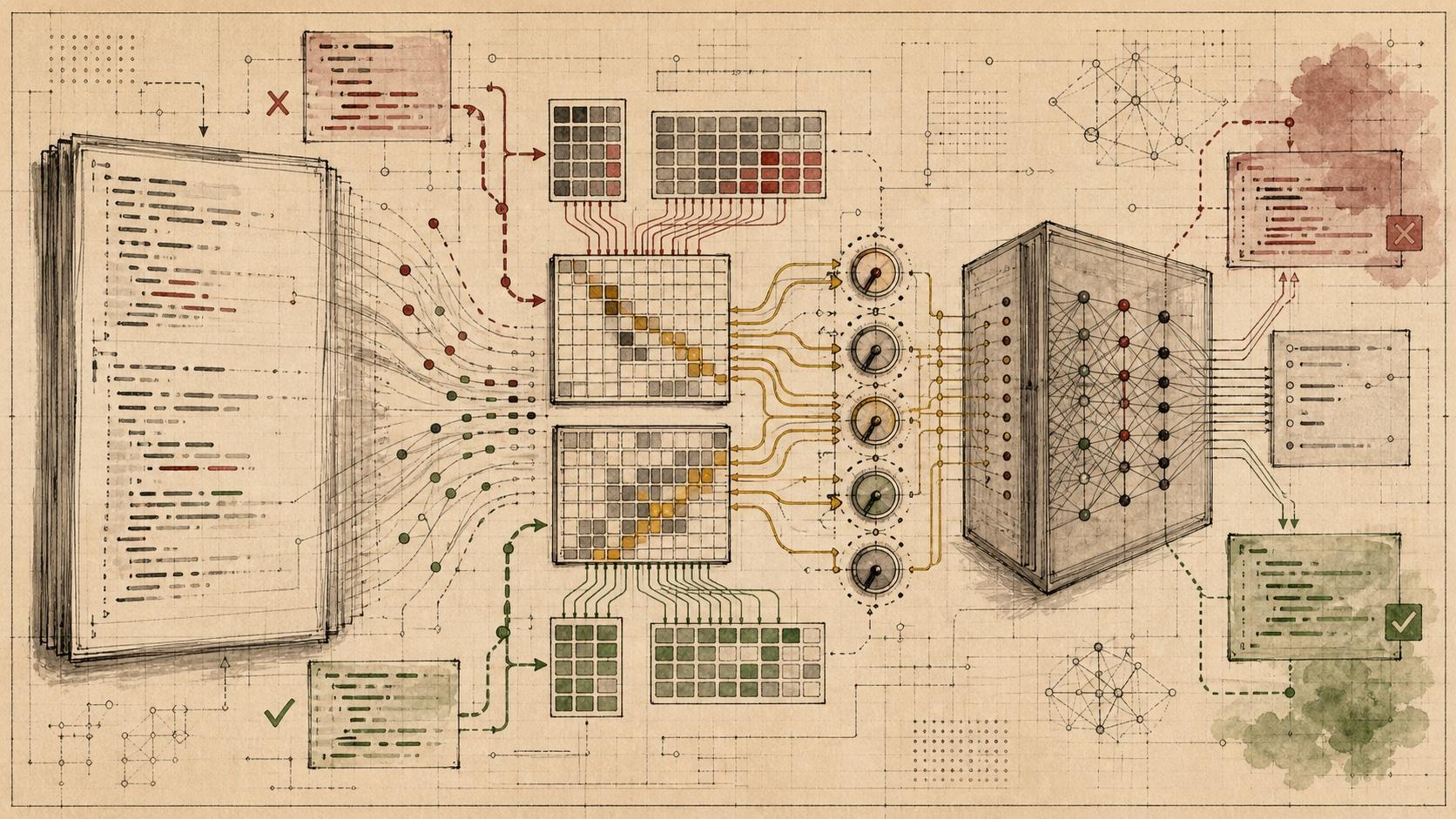 Editorial technical illustration of code changes flowing into hash-table memory grids and transformer attention gates