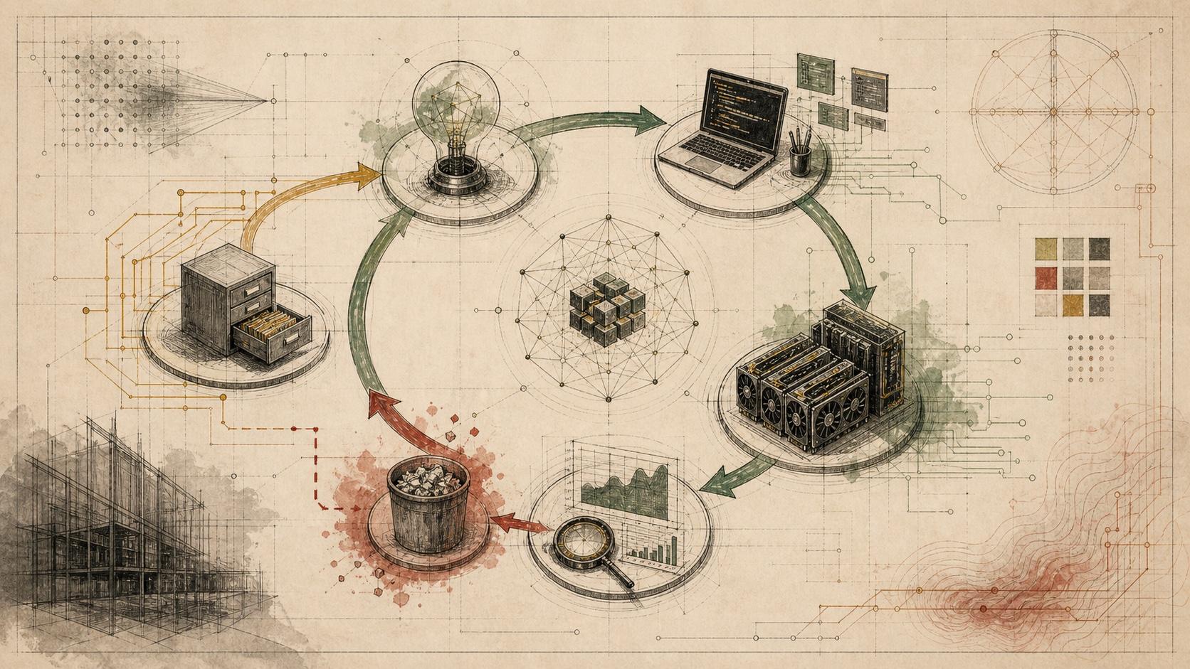 Editorial technical illustration of an automated research loop moving from ideas to code, GPU experiments, validation, rejected branches, and memory