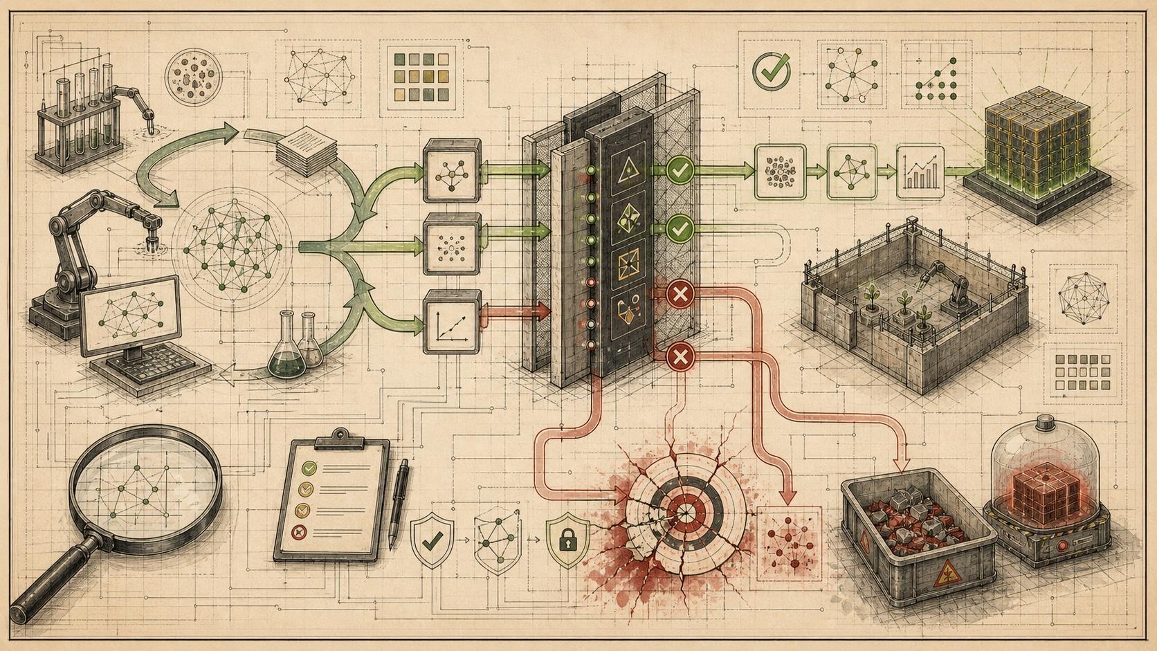 Editorial technical illustration of automated research outputs passing through validation gates while exploit paths are rejected