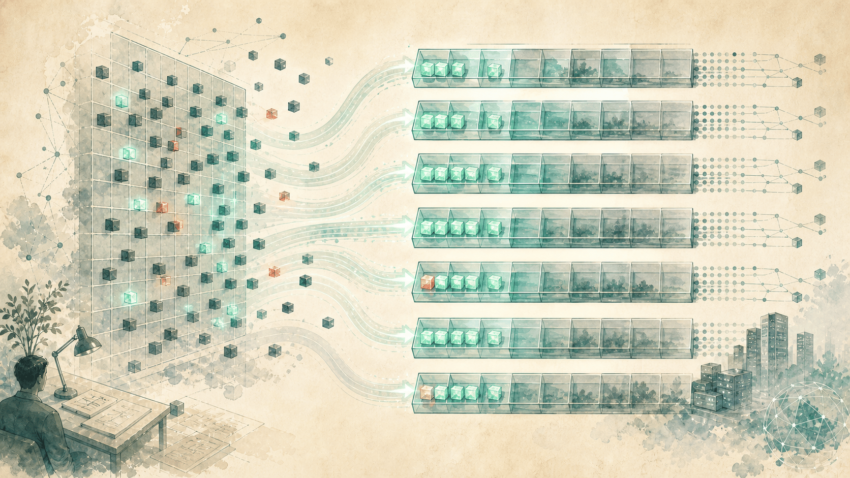 Watercolor editorial illustration of sparse matrix blocks transforming into organized tile-wise bands