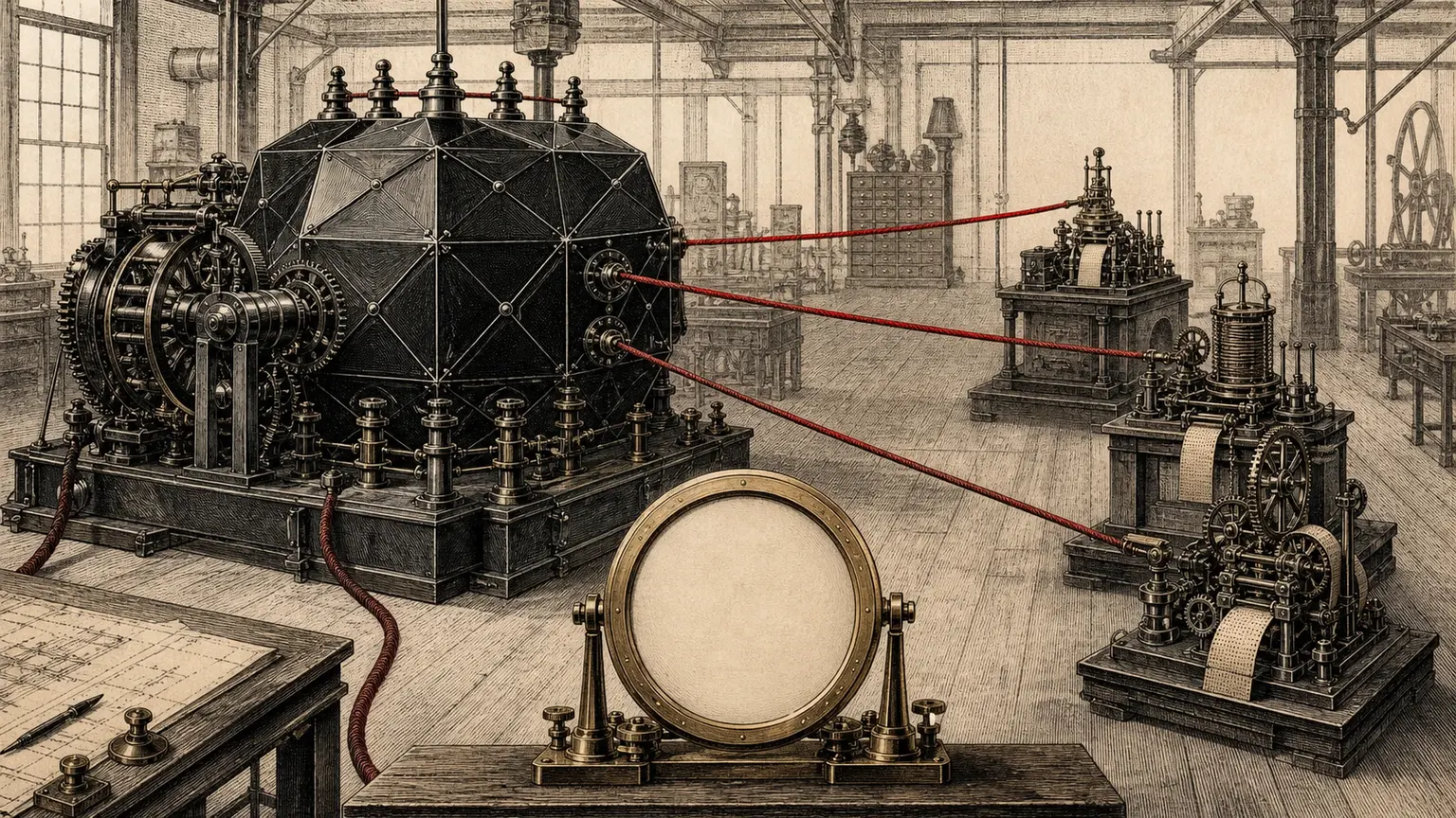 Engraved black reasoning engine routing three crimson signal lines to tool machines beside a blank brass verification gauge.