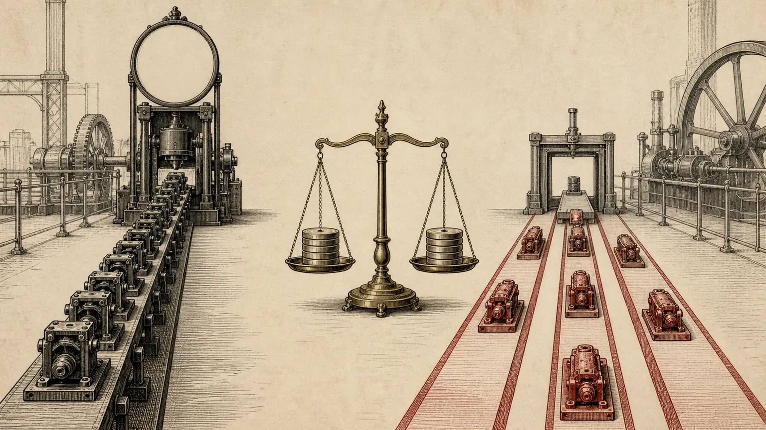 A black sequential queue and three crimson parallel lanes framing a balanced brass scale.