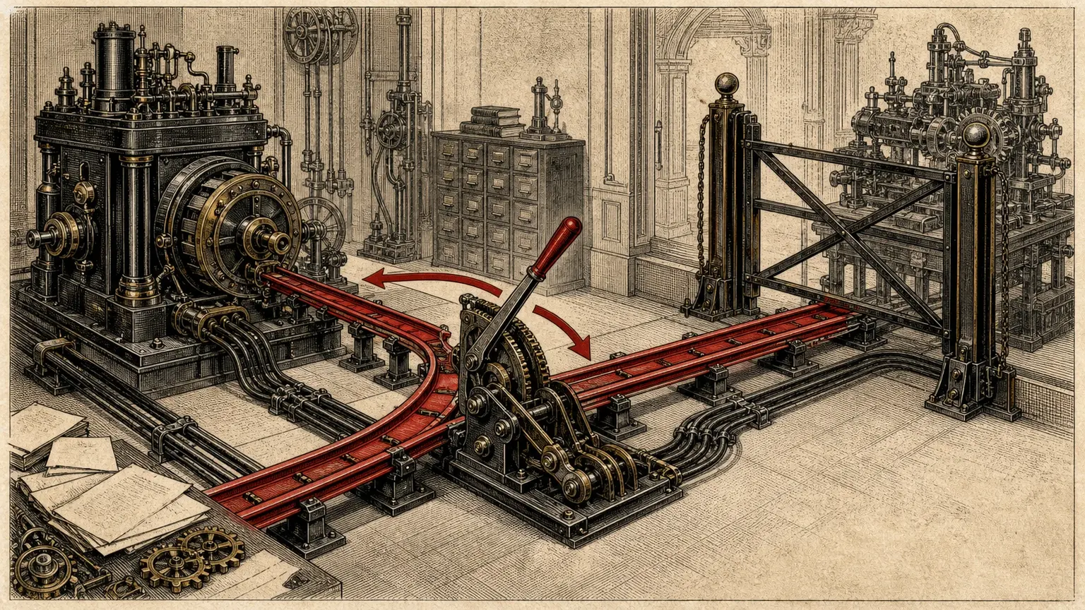 A crimson rail diverted by a large mechanical switch away from an isolated gated branch and back toward the main engine.