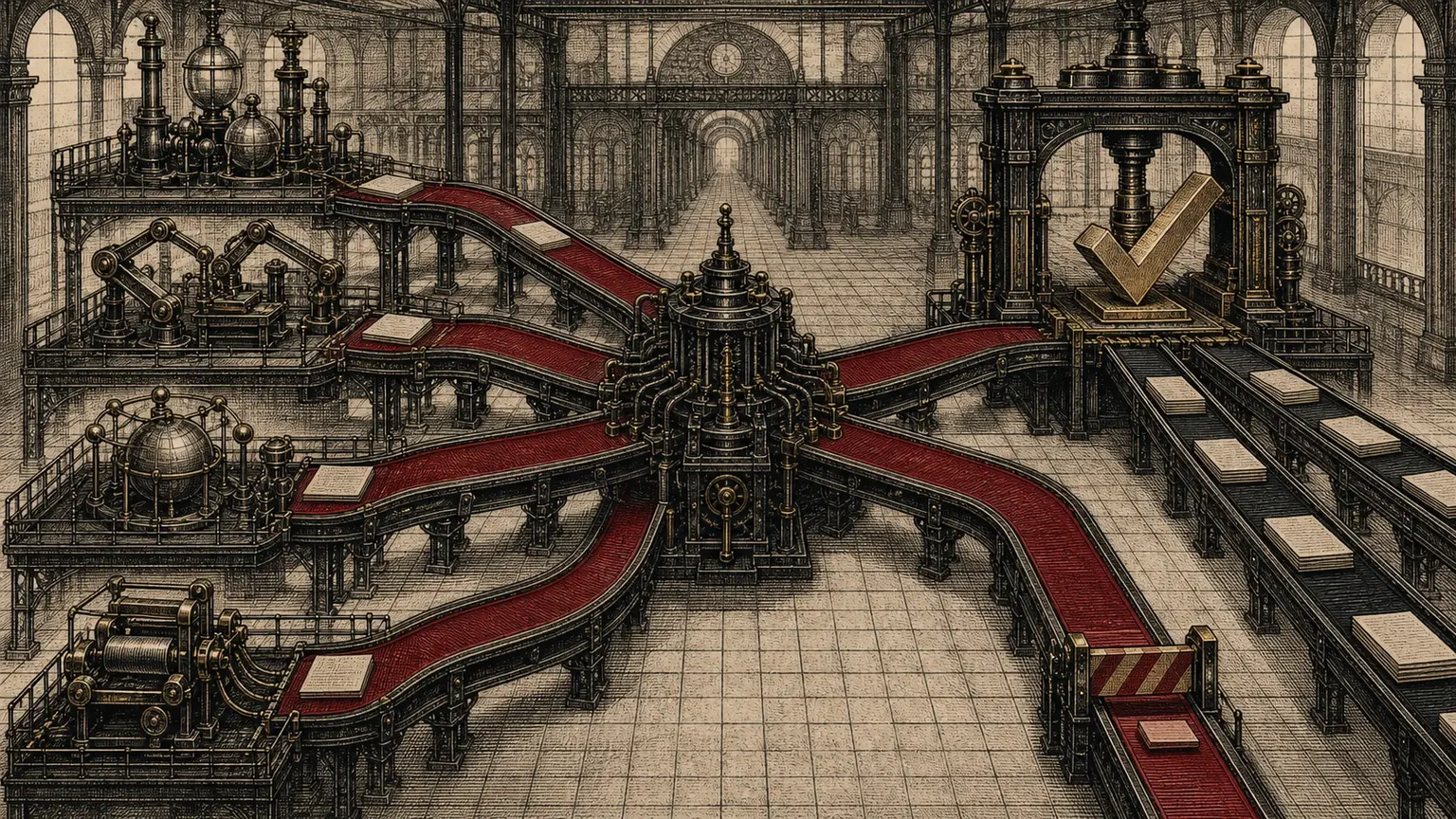 Four crimson factory paths branching through parallel work cells before converging at a mechanical check gate.