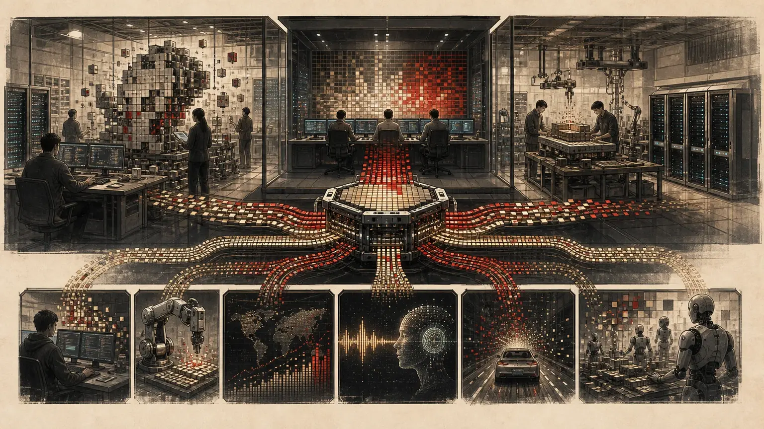 Editorial illustration of a central tile-compute hub connecting model development, developer work, automation, voice, vehicle, and robot workflow scenes.