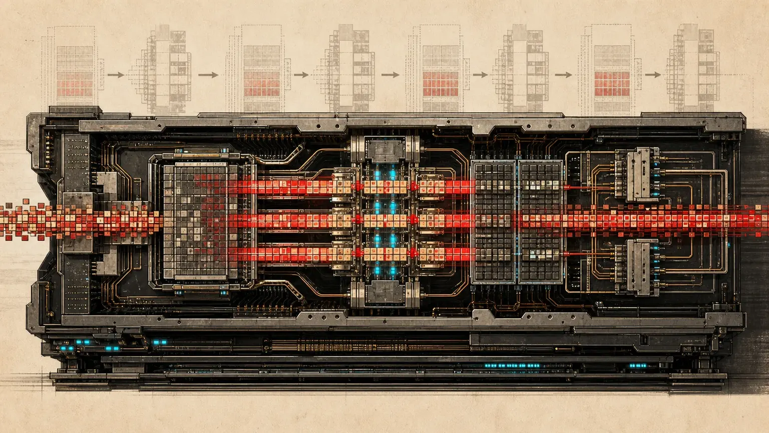 Cutaway editorial illustration of a long-running GPU engine with several lanes of square compute tiles moving across it.