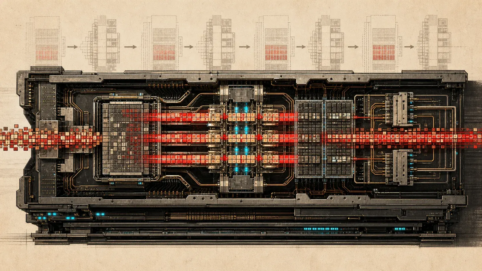 Cutaway editorial illustration of a long-running GPU engine with several lanes of square compute tiles moving across it.