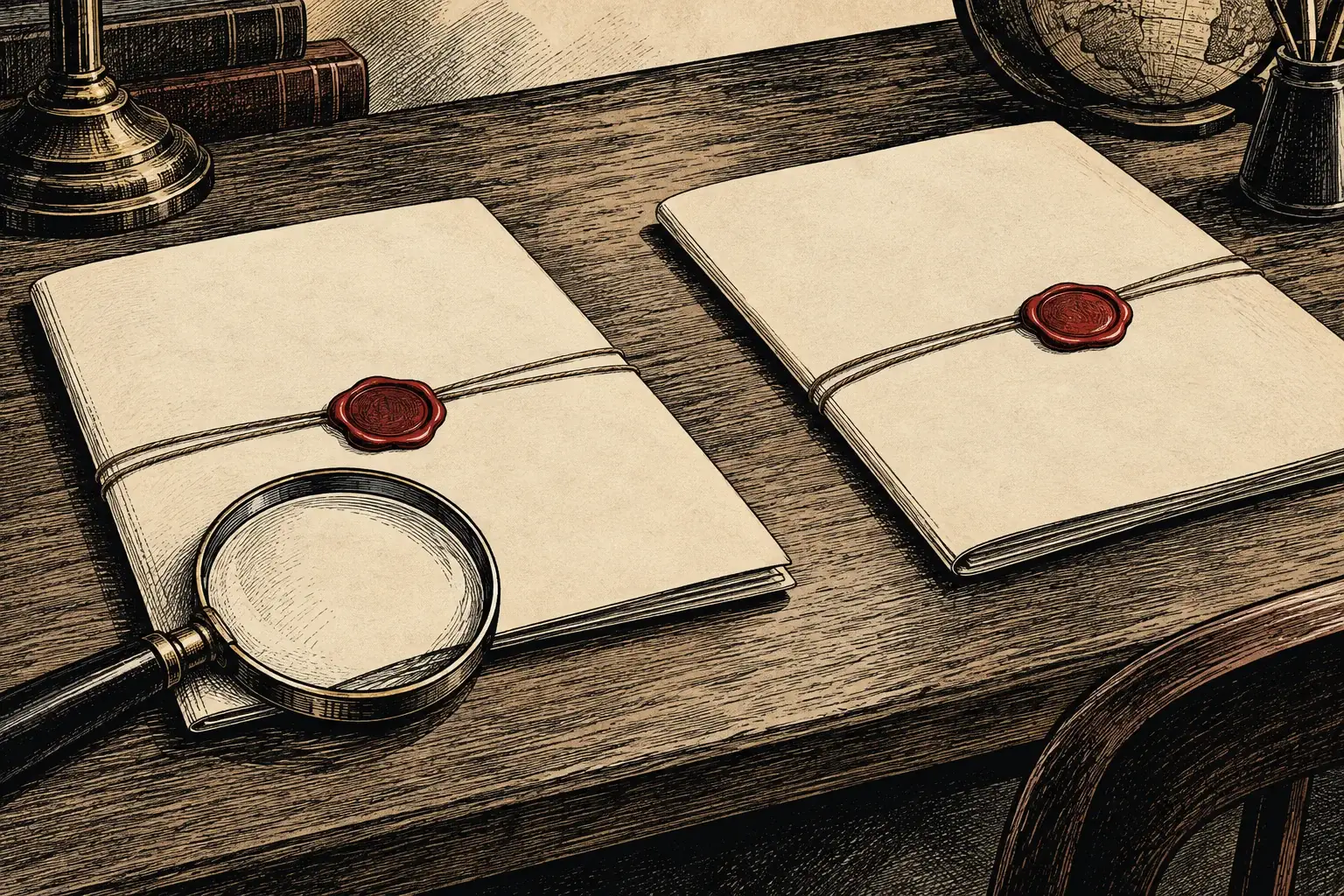 Generated editorial illustration of two blank sealed dossiers and a magnifying lens on a newsroom desk.