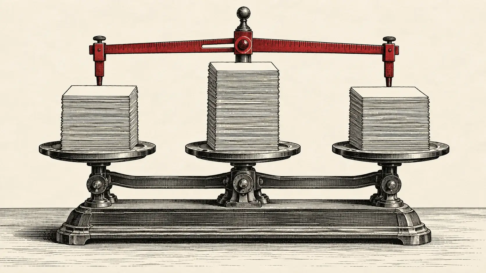 Generierte redaktionelle Illustration einer antiken mechanischen Waage mit drei Stapeln leerer Papiermarken und einem zurückhaltenden karmesinroten Messarm.