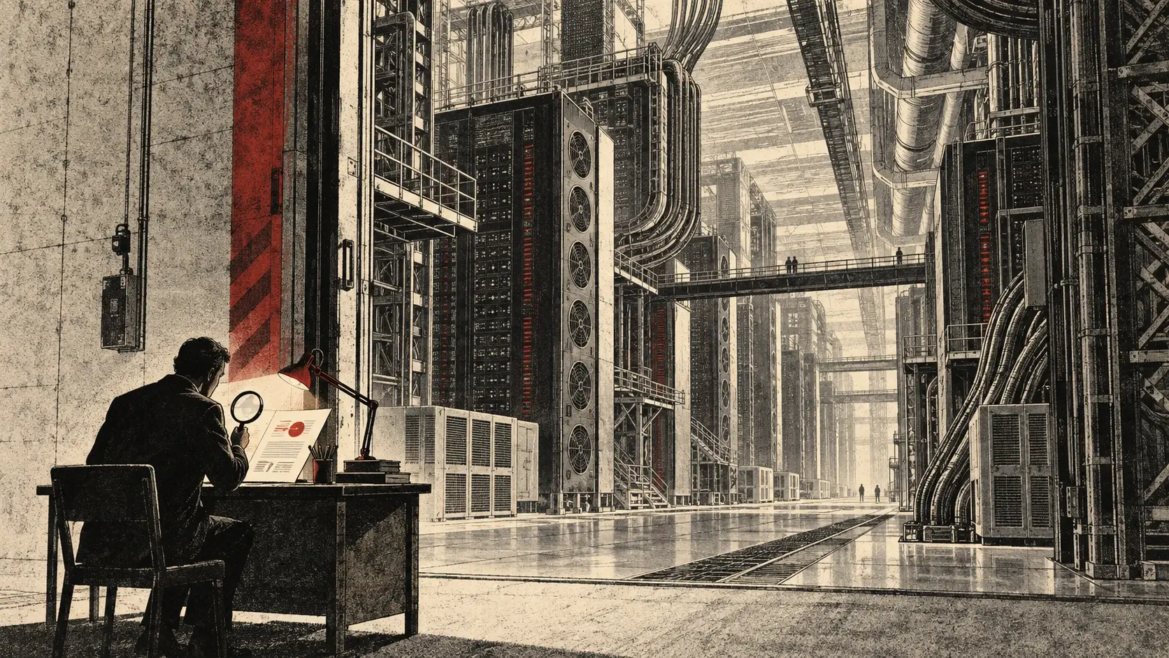 Generated newspaper-style etching of an independent evaluator reviewing documents beside a frontier AI training facility. It does not depict a real office or event.