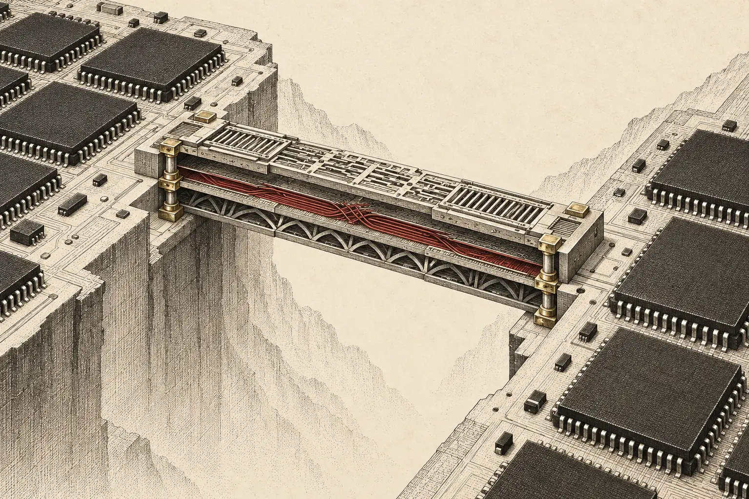 Generated editorial illustration of three engineering layers forming a bridge between banks of chips, symbolizing software portability.