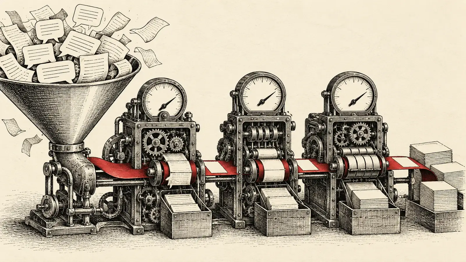 AI-generated editorial illustration of an open conversation funnel feeding work through three mechanical meters, without labels or numerical readings.