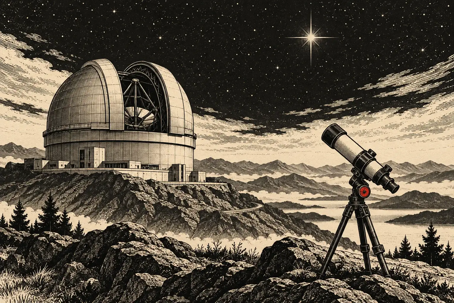 Generated editorial illustration of a large observatory and a smaller telescope beneath a star-filled sky.